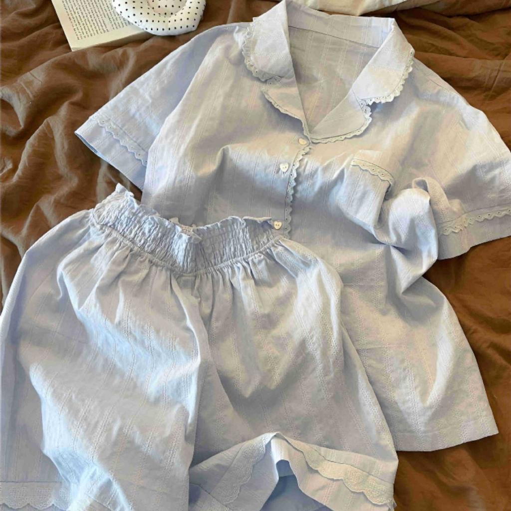 Gentle wind short-sleeved pajamas women's pure cotton can be worn outside cardigan shorts loungewear large size set 1011 new models