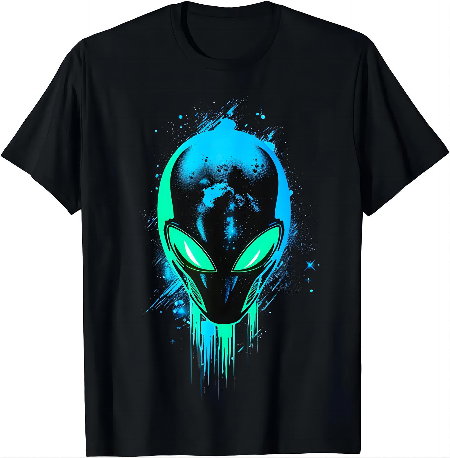 Unique Alien Splash Tshirt with Green Eyes Space Themed Tshirt Unisex Clothing Tops Graphic T Shirts Camisas Streetwear S