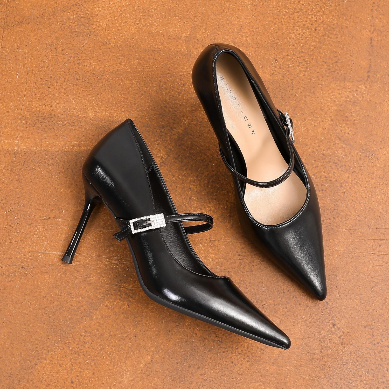 

8872 [sheepskin] high heels women s thin heels 2025 new pointed one-word with temperament light mouth commuting shoes 34