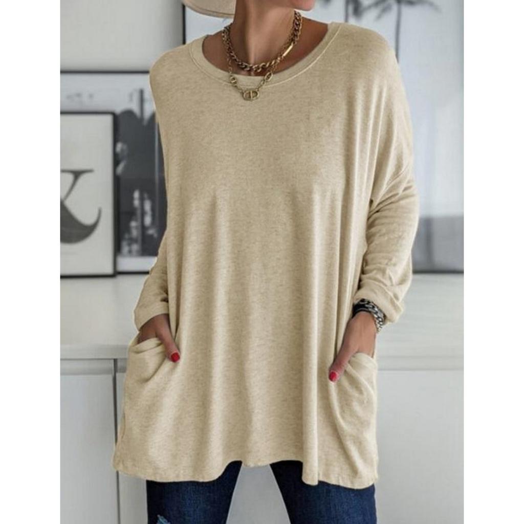 Naiste vabaaja kevad-suvise taskuga tuunika ülaosaga O-kaelusega särk pikkade varrukatega moodne suure suurusega vaba ühevärviline T-särk