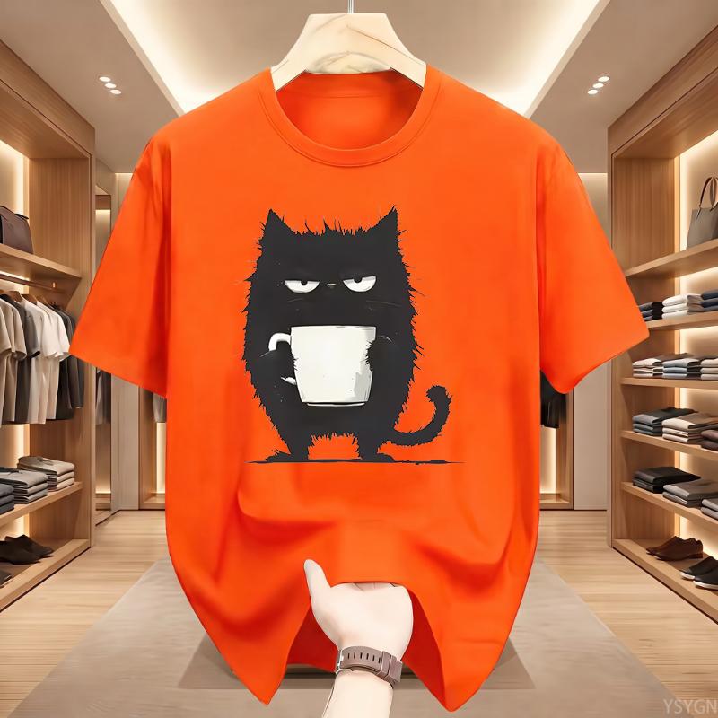 Funny Black Cat Coffee Cup Print T-Shirt Men Women Cotton Tee Cute Cat Lover Streetwear Graphic T Shirts