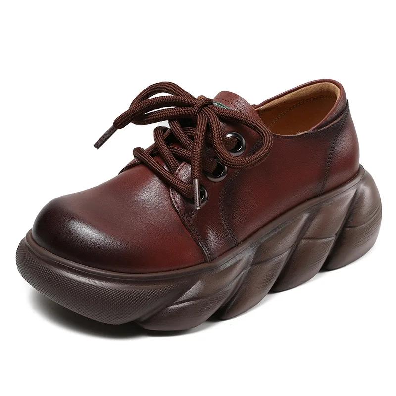 

Fujin/туфли 5,5 см, лето, весна-осень, женская обувь Мэри Джейн на шнуровке, из натуральной коровьей кожи в стиле ретро, ​​на платформе, с круглым носком, на танкетке, туфли на плоской подошве 40 коричневый