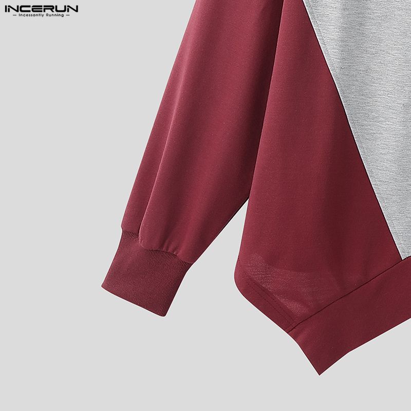 INCERUN T-shirt e Top Casual Larghi da Uomo a Manica Lunga con Patchwork Irregolare e Girocollo