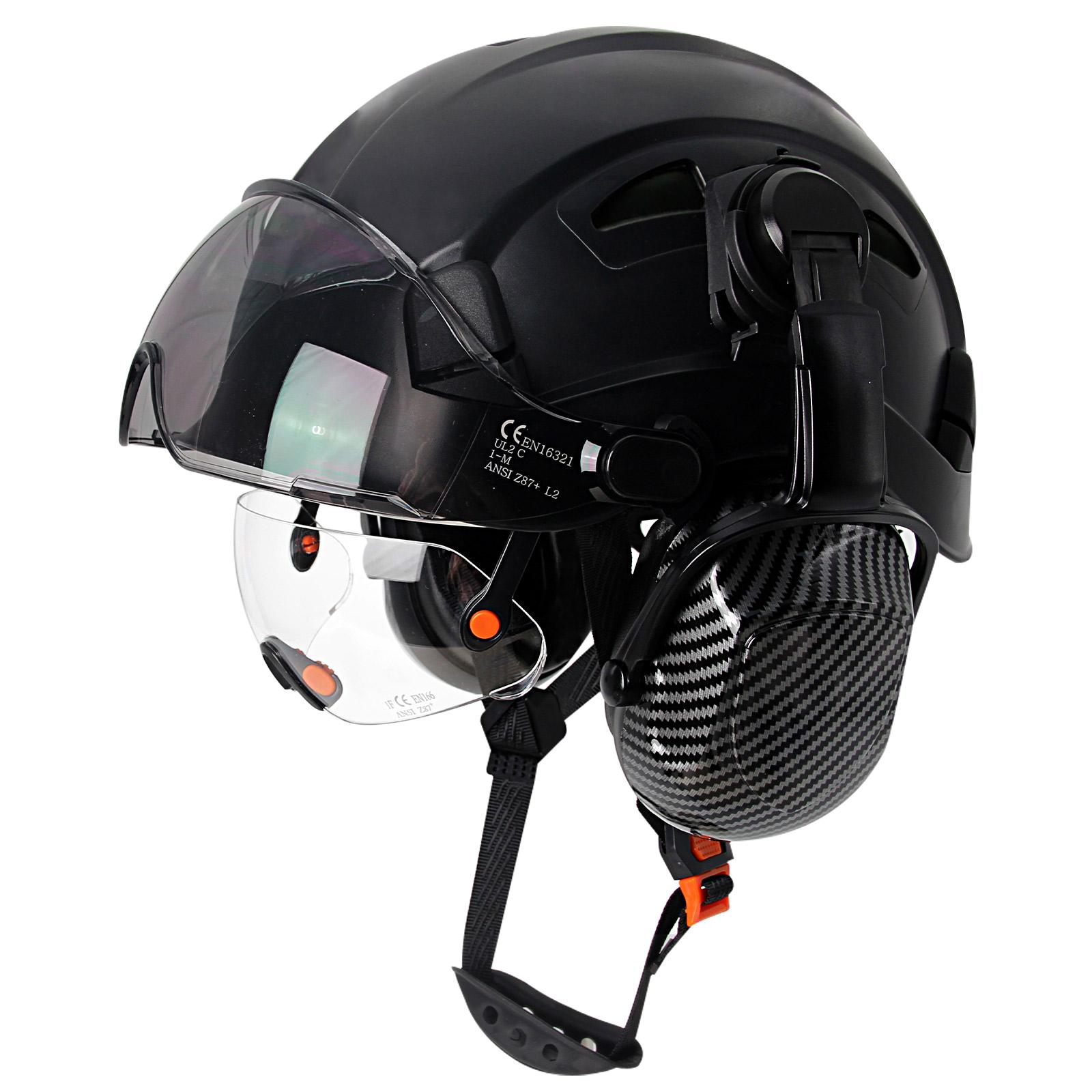 

CE Carbon Fiber Safety Helmet W/ Earmuffs Double Goggles ABS Construction Hard Hat For Engineer High Quality Work Cap ANSI