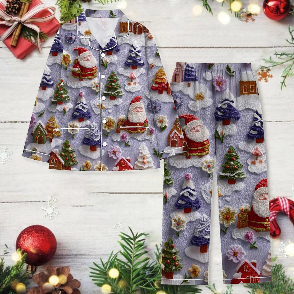 Dámská vánoční potištěná souprava na doma s dlouhým rukávem a dlouhými kalhotami