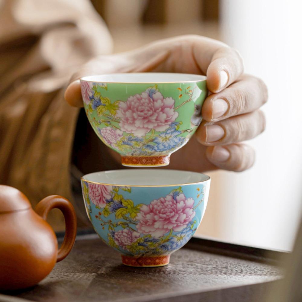 65ml Chinese Enamel Color Ceramic Tea Cup Peony Master Cups Household Palace Flower Teacup Set Portable Mini Tea Bowl Teaware