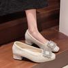 Strass quadratische Schnalle Einzelne Schuhe Damen Frühling und Herbst Französisch kleiner Absatz niedriger Absatz mittlerer Absatz Oma Damenschuhe Temperament Schwarz Pendler w