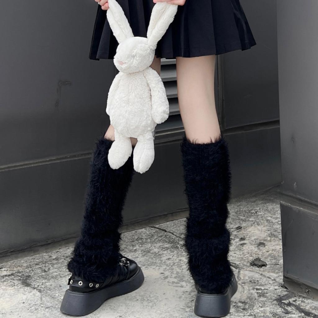 Women's Fuzzy Calf Socks Furry Slouch Leg Warmers Black and White Color Japanese JK Style Thickened and Warm for Autumn and Winter
