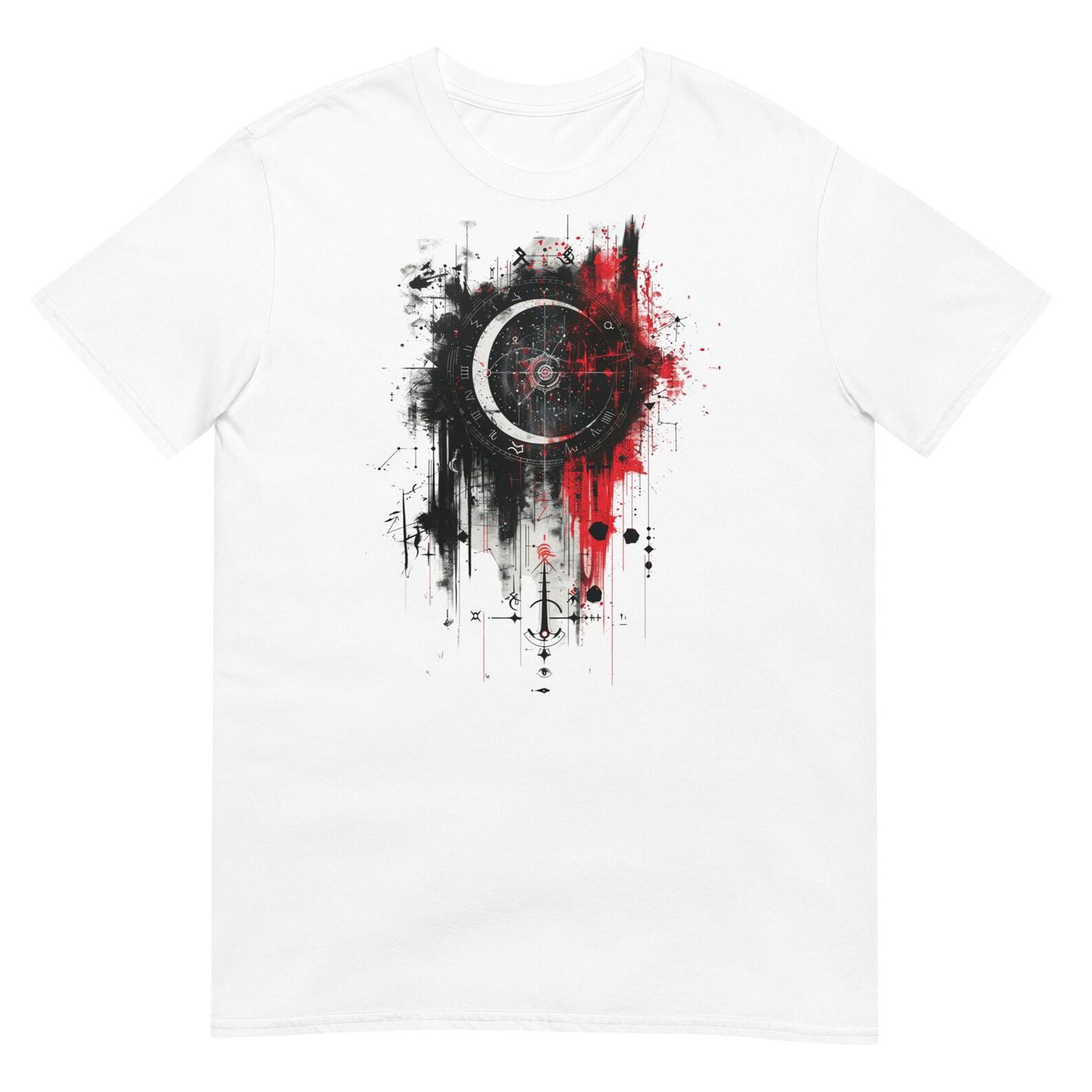 Abstract Crescent Moon T-Shirt – Modern Art Tee – Unique Graphic Shirt – Red and Black Ink Design 3XL
