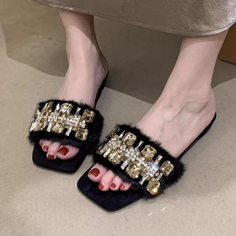 Crystal Women Slippers Flats Fur Designer Shoes Autumn Elegant Dress Woman Shoes 2025 New Luxury Zapatillas De Mujer