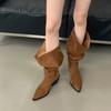 Retro Suede Leather Pleated Buckle Belt Zipper Women Knee High Boots Pointed Toe Thick Heels Western Cowboy Shoe 2 Ways To Wear