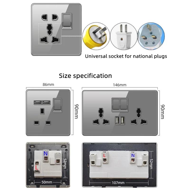 Deluxe Grey Tempered Glass Panel UK 13A Plug Electrical Socket, Double 5 Pin Socket and Switch, EU Universal USB C Wall Socket