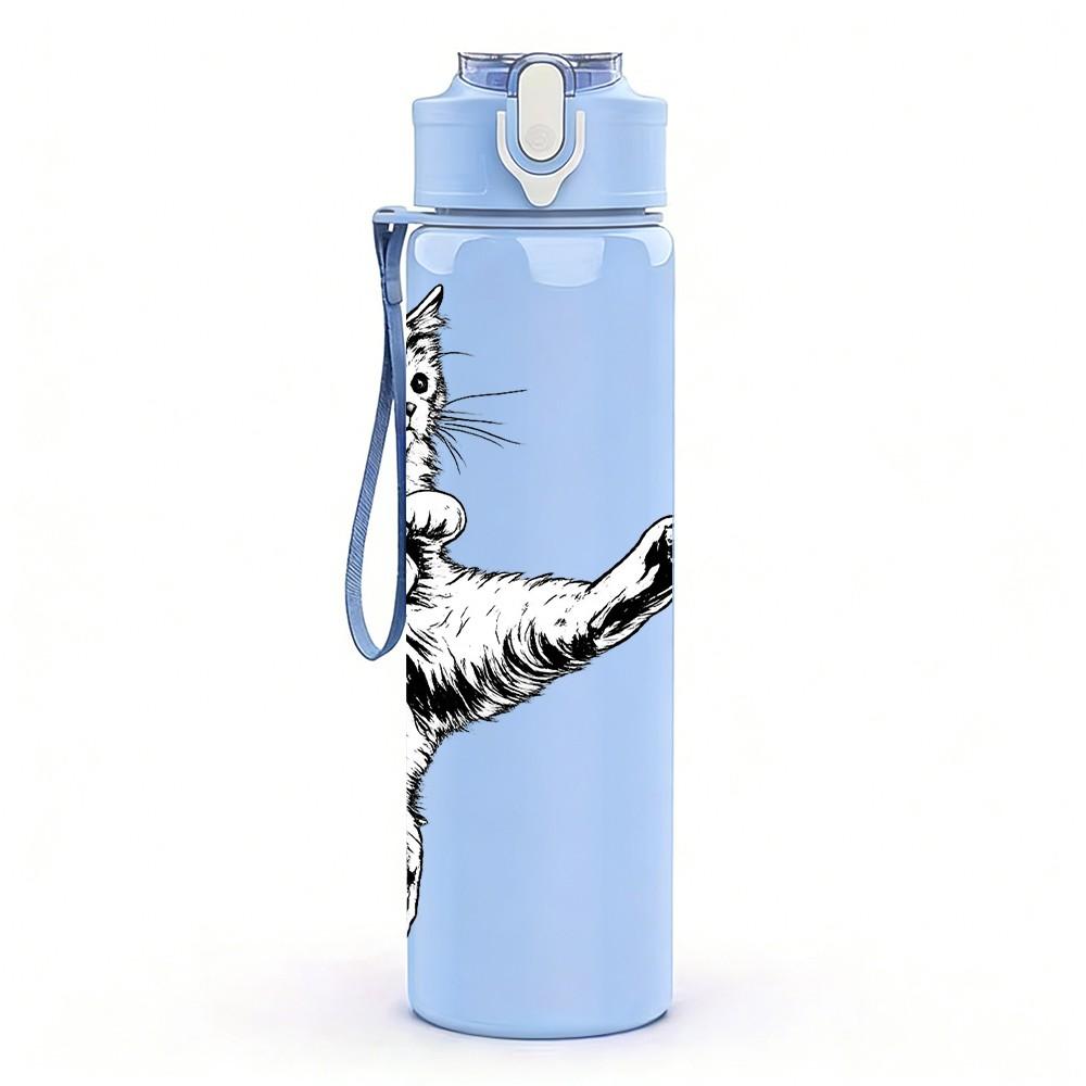 1PC Cat Kicking Soccer Line Art Print 750ml Color Plastic Sports Water Bottle Leakproof Flip Straw Lid Suitable for Sports Office Home Use