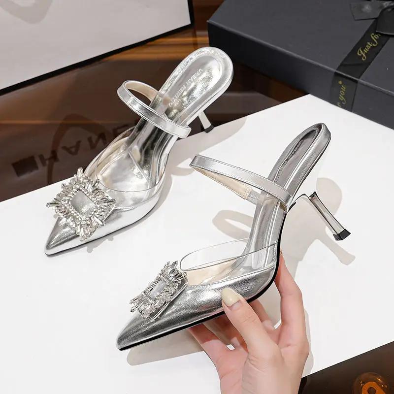 Brand Designer Silver High Heels Sandals Women 2025 Summer Crystal Square Buckle Sandals Woman Pointed Toe Slingbacks Party Shoe