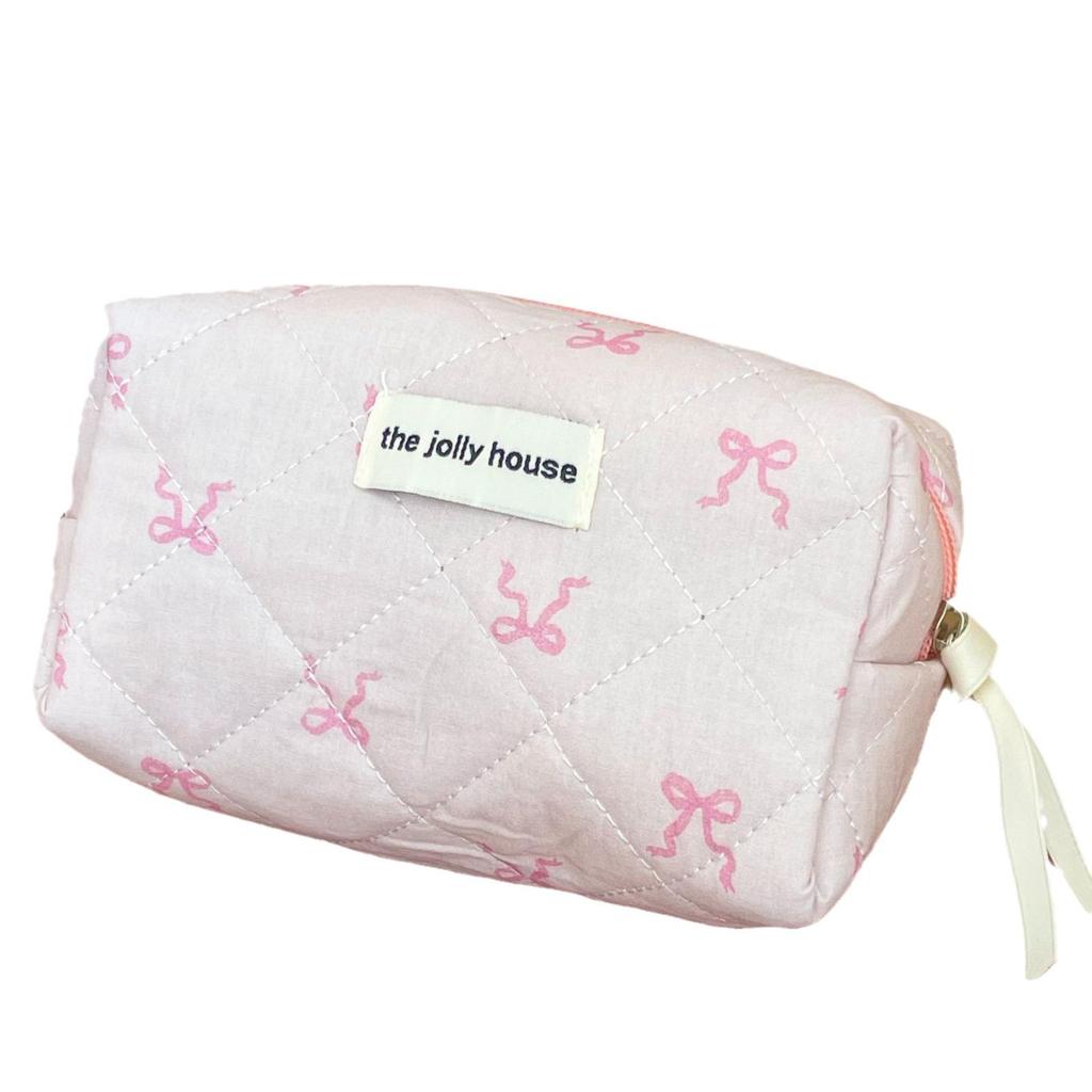 Sweet Pink Ribbon Octagonal Quilted Makeup Bag - Korean Style