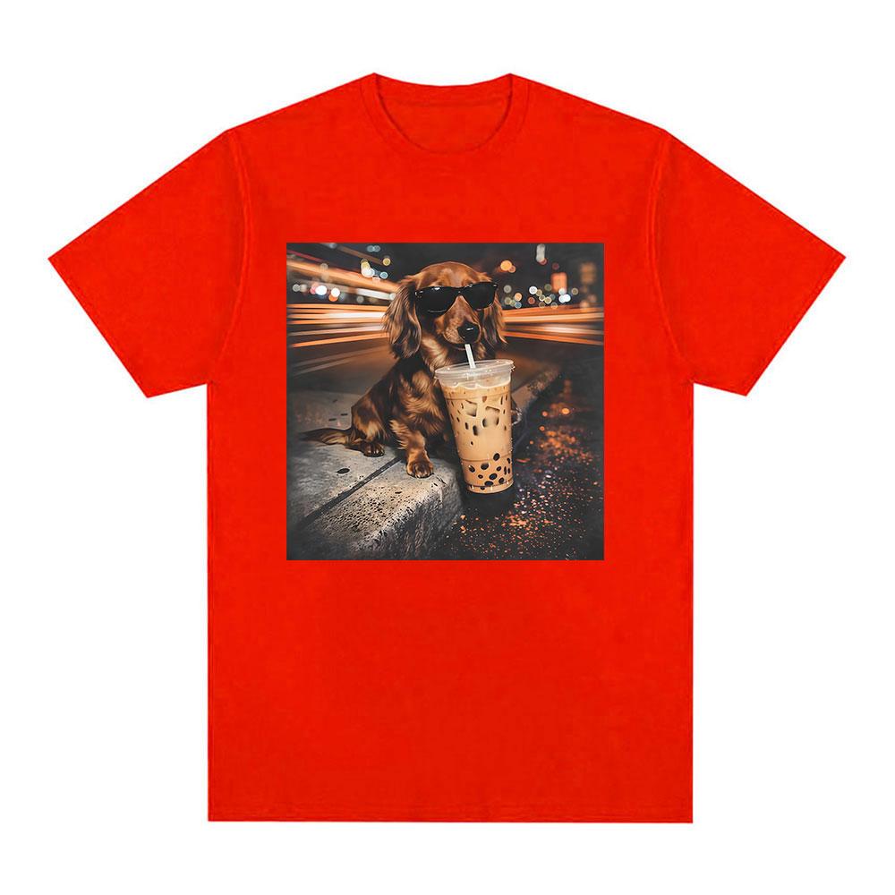 Lustiges Dackel trinkt Eiskaffee Meme T-Shirt Unisex Cooles Mode Retro Kurzarm T-Shirts 100% Baumwolle T-Shirt Streetwear