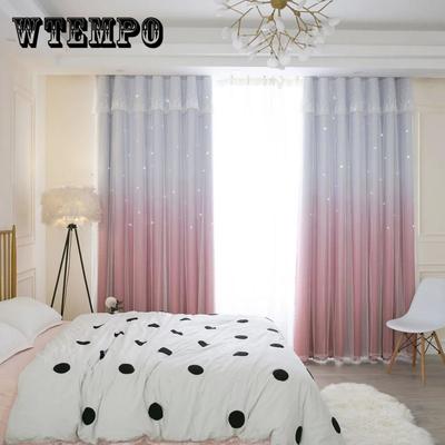 2PCS Simple Gradient Color Hollow Out Stars Curtain Princess Ins High Blackout Bedroom Living Room Double Cloth Gauze Curtain
