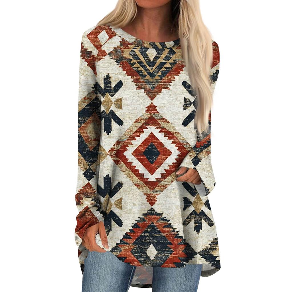 Women's Fashion Casual Long Sleeve  Print Round Neck Pullover Top Blouse