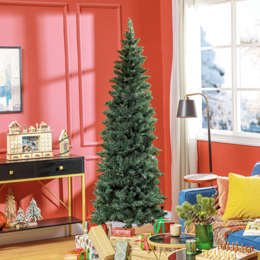 210cm Pencil-Shaped Christmas Tree with Foldable Base and 687 Branches for Bedroom Office, Green