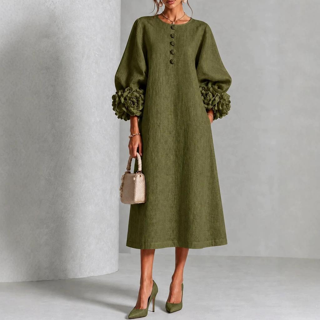New floral button mid-length dress with eye-catching floral cuffs, European and American