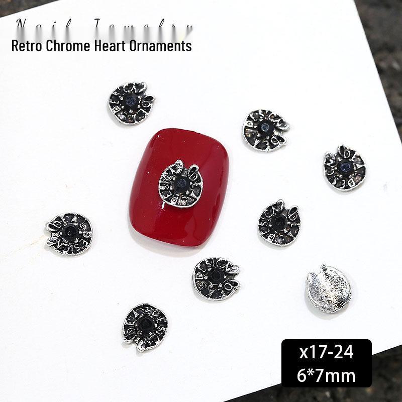 Dark Chrome Heart Nail Art: Retro Cross, Star & Moon Rhinestone Alloy Decorations
