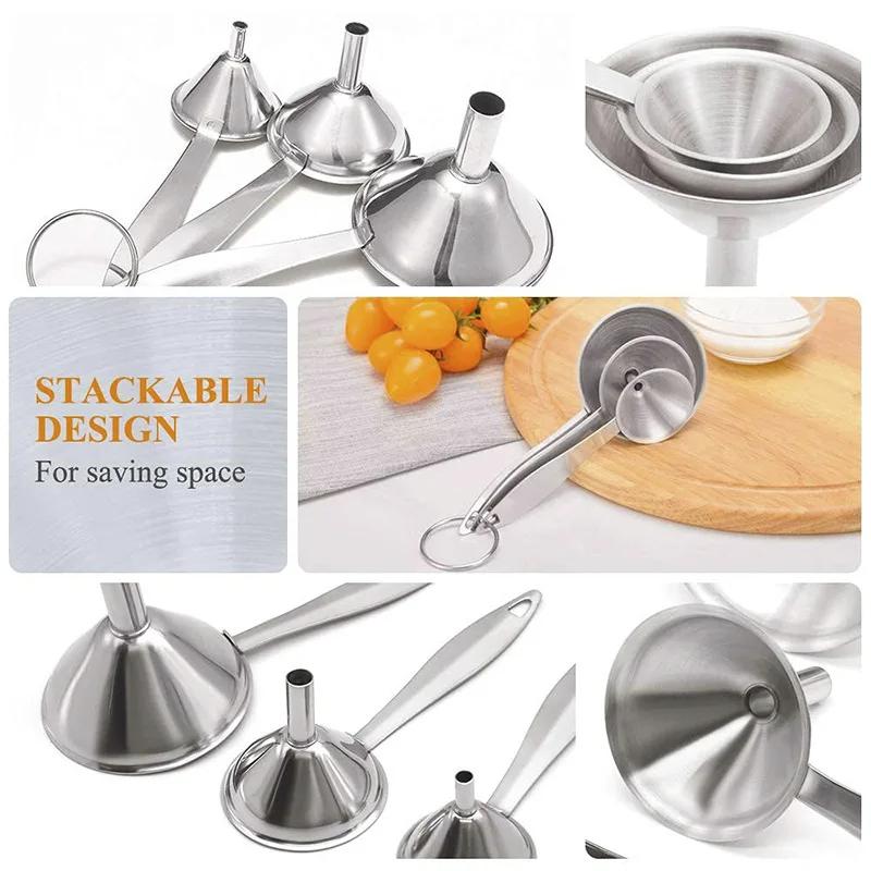 3Pcs/set Long Handle Funnel Stainless Steel Oil Liquid Funnel Set For Kitchen Fluid Spice Dry Ingredients Filter Metal Funnels