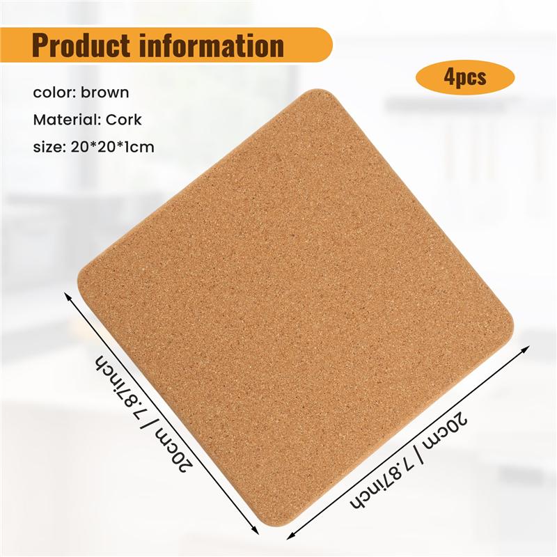 AD23-High Density Thick Square Cork Pad Cork Coaster For Hot Dishes, 8 Inch Heat Resistant