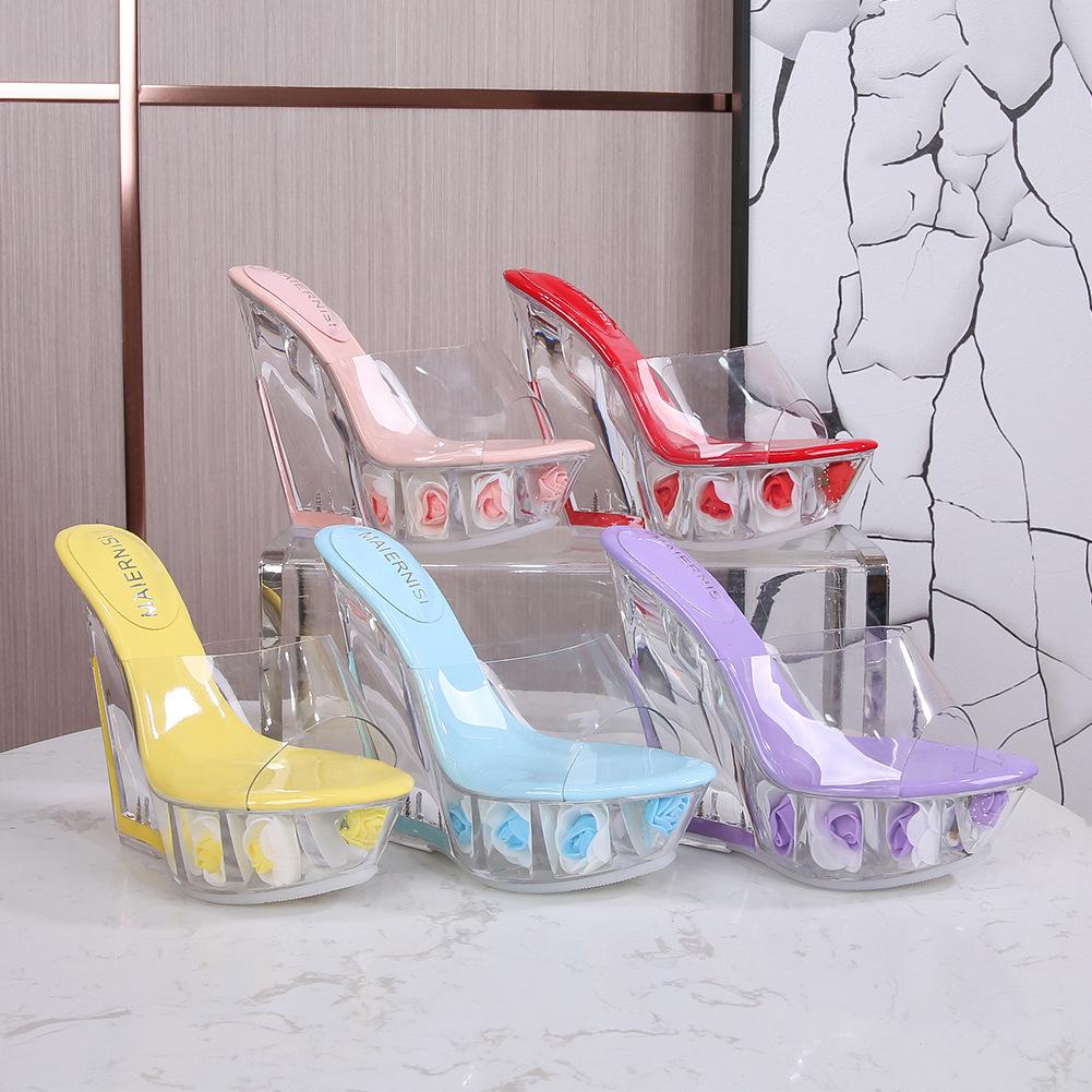 Platform Heel Cool Slippers Sexy Transparent Wedge Heel Crystal Shoes Waterproof Table Women's Shoes
