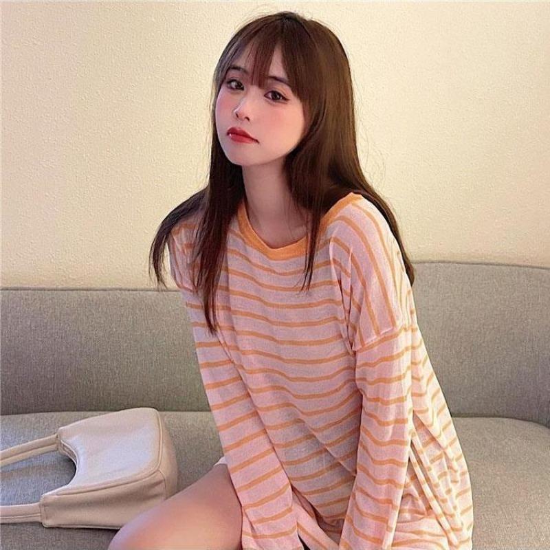 Sun Protection Clothes for Girls New Style Loose Summer Thin Anti-UV Ice Silk Striped Long-sleeved T-shirt Trendy