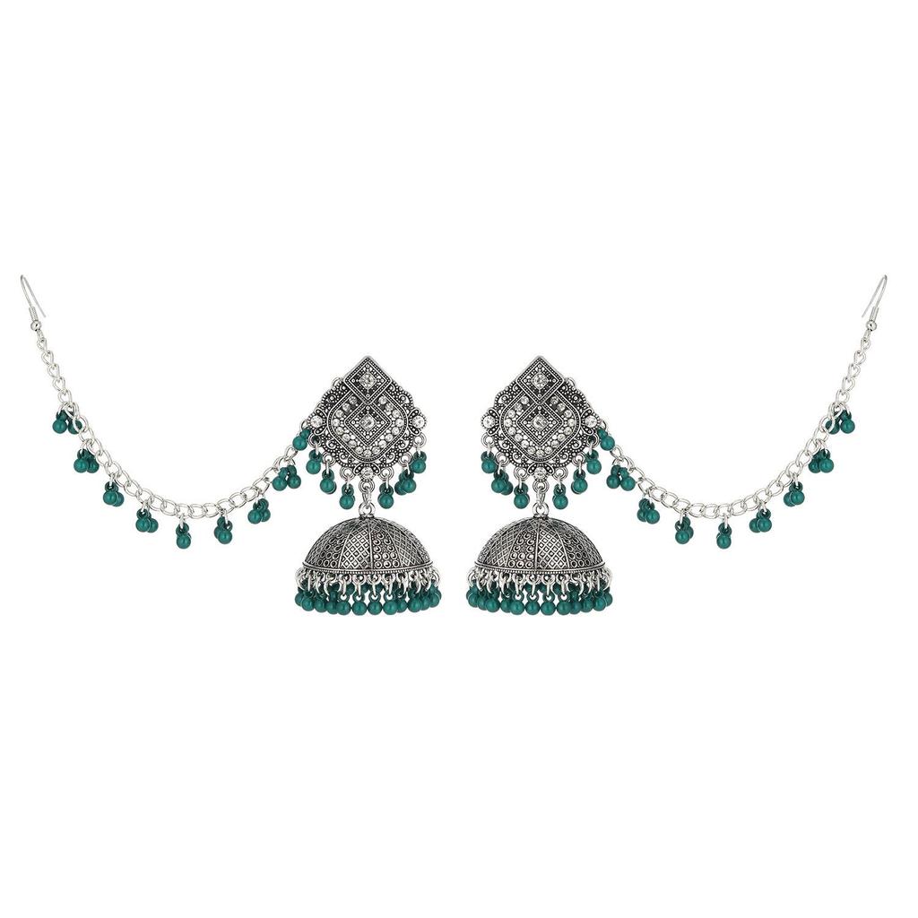 Retro Ethnic Rhinestone Tassel Earrings & Hair Chain Jewelry Set