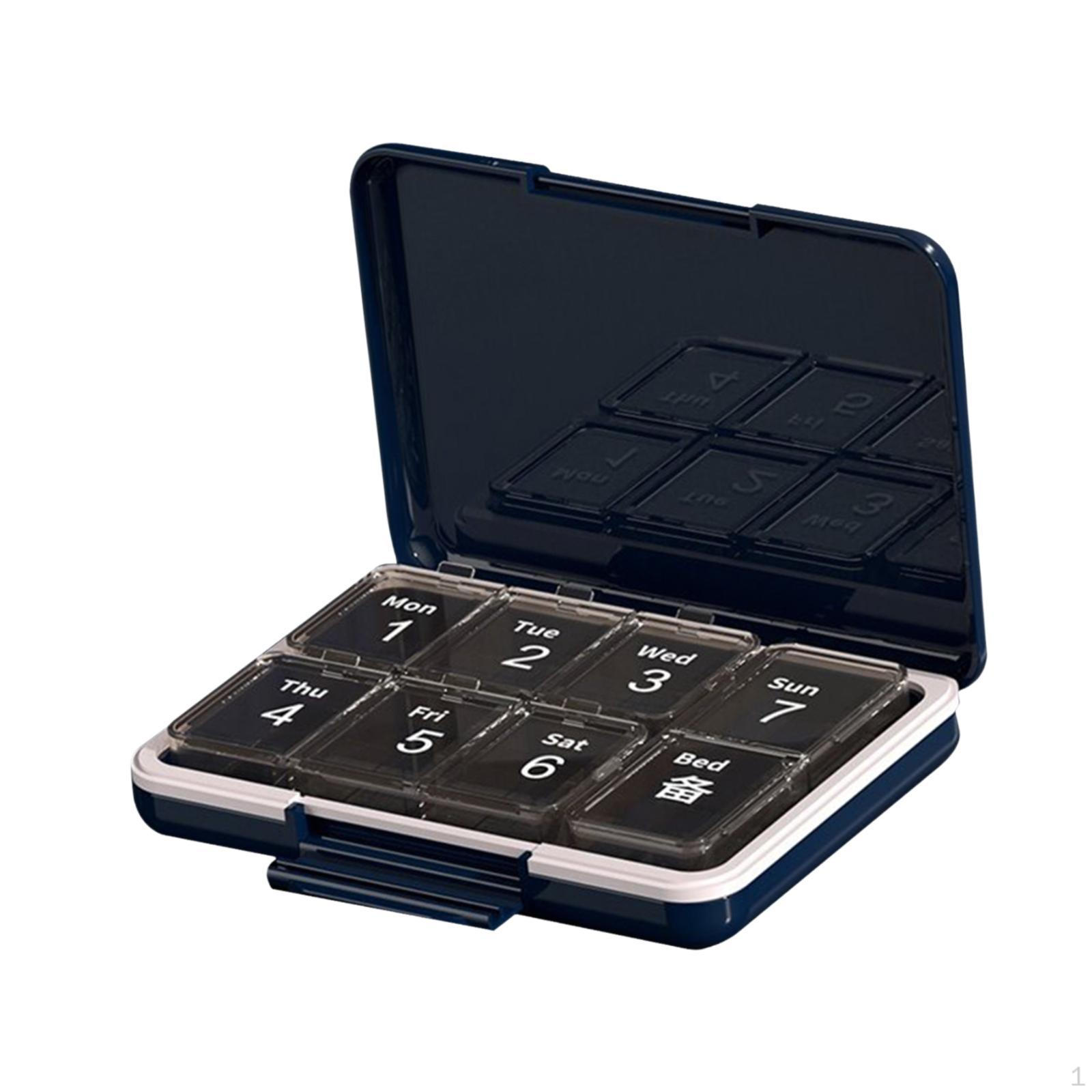 

Компактный органайзер для таблеток с 8 отделениями для путешествий и домашнего использования темно-синий