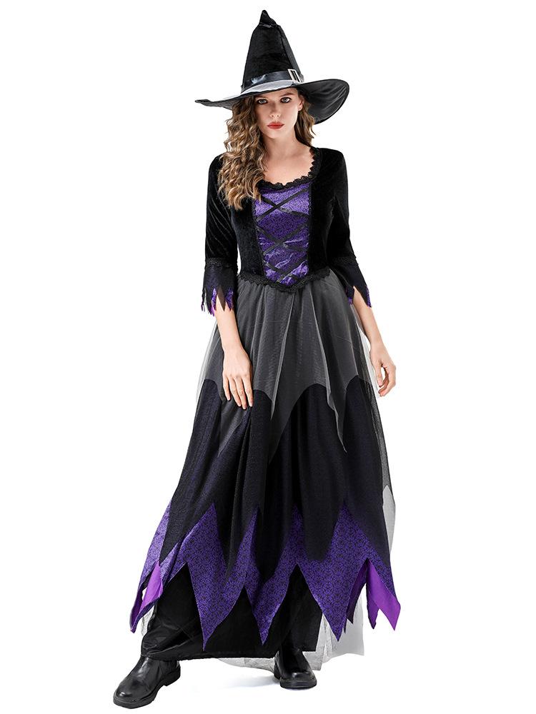 Halloween Witch Costume Vampire Black Purple Magic Dress Cosplay Stage Outfit Gothic Role Play Gown