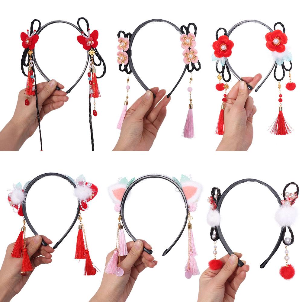 Red Hanfu Wig Headband Pearl New Year Headwear Traditional Flower Tassel Headband  Children