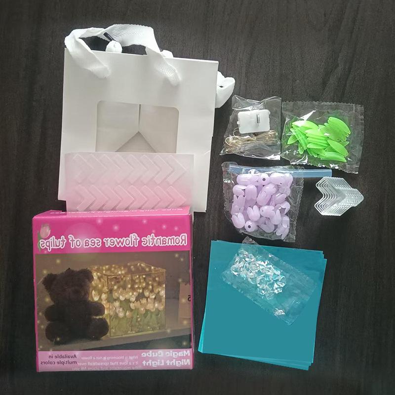 1Pc DIY Creative Tulip Flower Sea Cube 3D Night Light Handmade Craft Tulips Bedroom Lamp Girlfriend Couple Birthday Gift