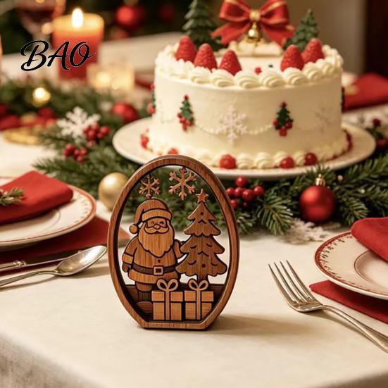 Rustic Xmas Tabletop Decor 3Pcs Christmas Santa Claus And Tree Ornaments, Wooden Oval Table Boxwood Ornaments Centerpiece, Solid Wood Desktop Ornament