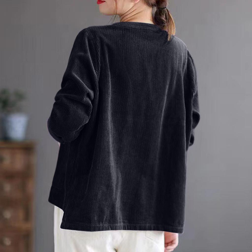 Women's Retro Corduroy Cardigan Loose V-neck Striped Velvet Shirt Top Jacket