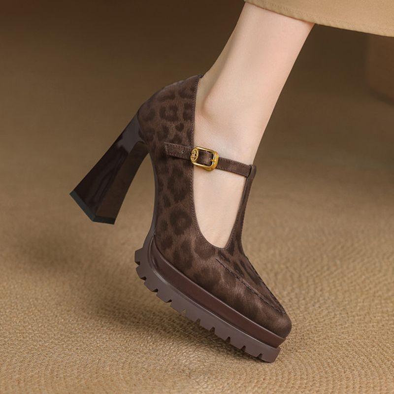 Fashion Versatile High Heels Women Fall 2025 Pointed Toe Platform Block Heel Work Shoes Shallow Mouth Leopard Fashion Single