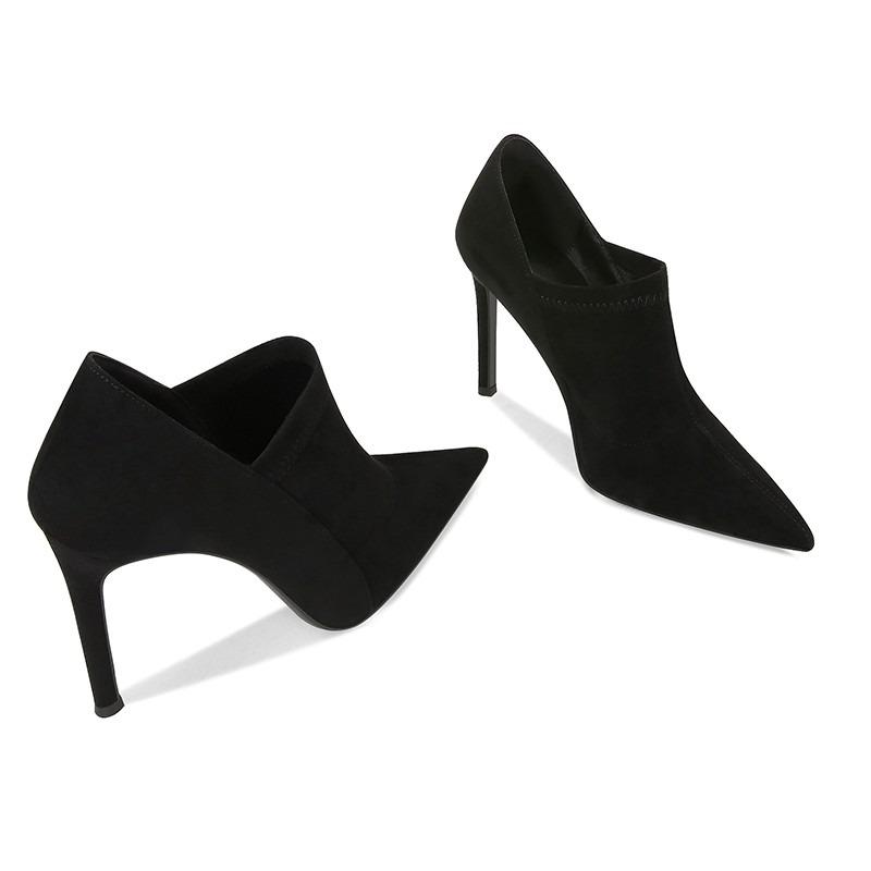 

Модные женские туфли на высоком каблуке, осенне-зимние замшевые туфли-лодочки с глубоким вырезом, ботильоны до щиколотки, элегантный темперамент, ботильоны с острым носком 43 чёрный