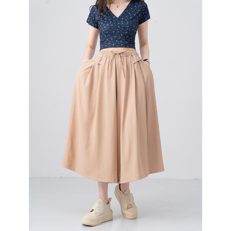 

Summer ice silk trouser skirt women s style new half-body mid-waist thin loose small casual fashion straight pants One size