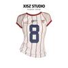 American Retro Contrasting Color Digital Printed Jersey T-Shirt for Women, Summer Sexy Style, Cool Mesh Stripesd Short-Sleeved Top