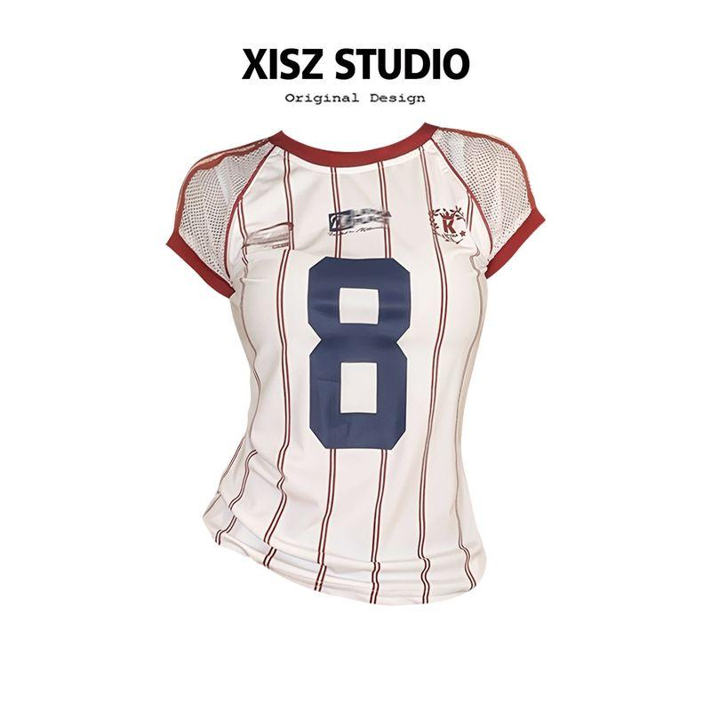 American Retro Contrasting Color Digital Printed Jersey T-Shirt for Women, Summer Sexy Style, Cool Mesh Stripesd Short-Sleeved Top