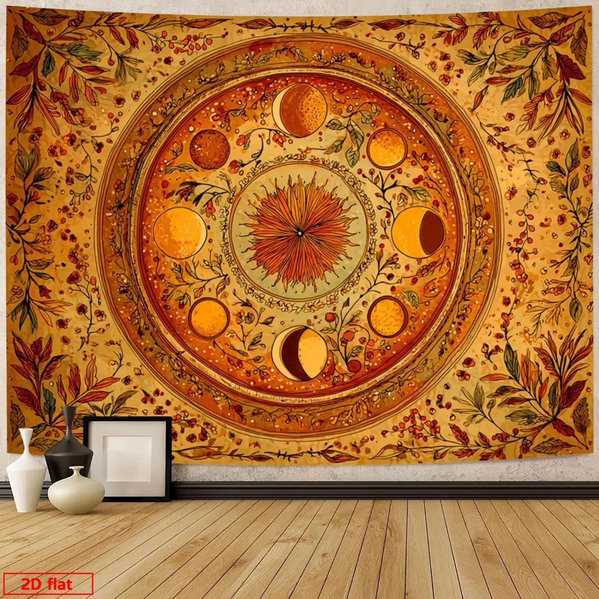 Dekorative Bohemian Mandala Wandteppich Wandbehang Goldene Florale Sonne Boho Vintage Marokkanische Kunst Raumdekor Große Größe 180x230cm 100X70CM orange