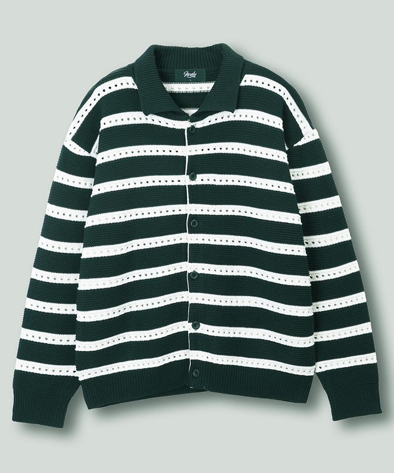 Nodu Scalloped Stripe Collar Knit Cardigan [Green]