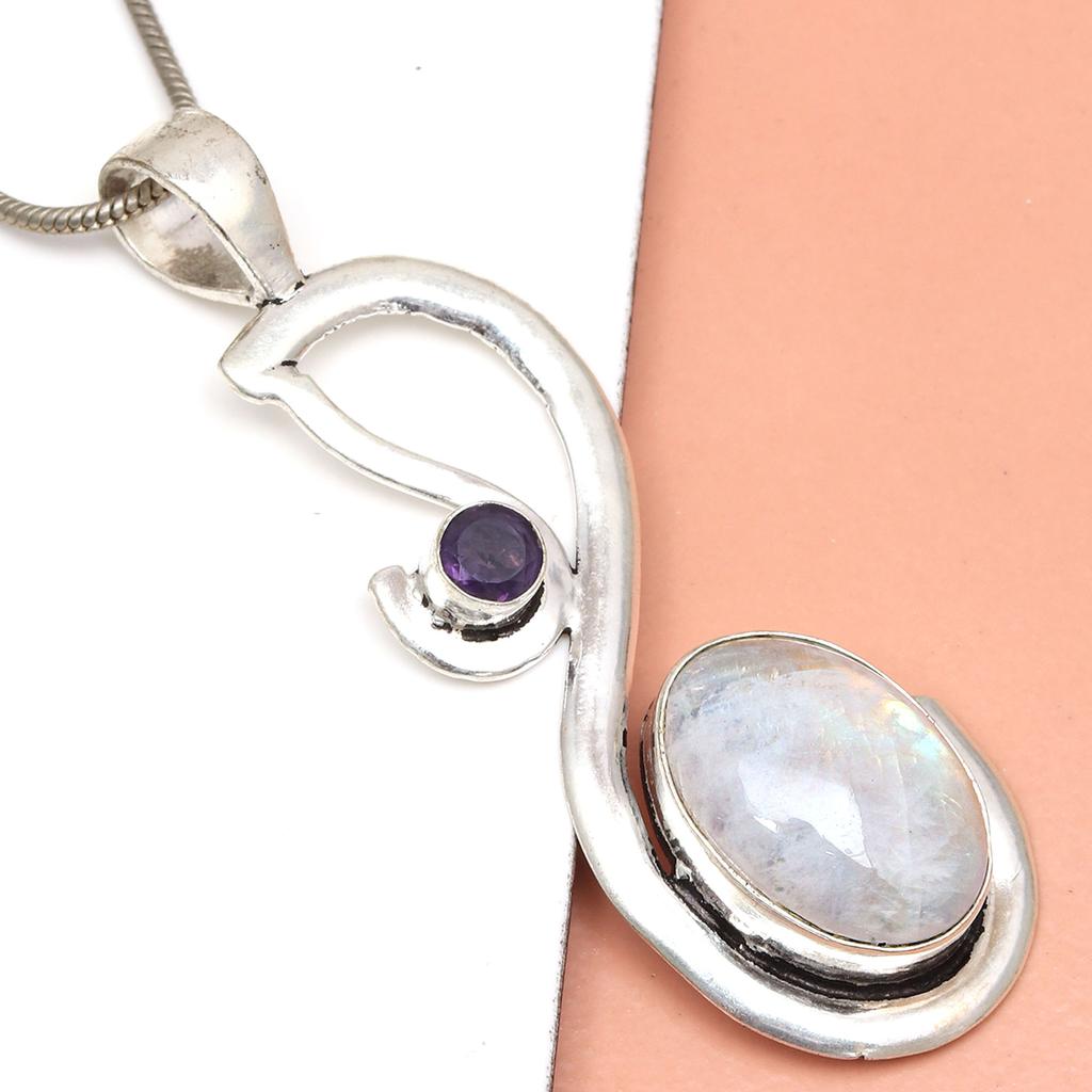 Silver Necklace Moonstone  Gifted Rainbow Jewelry Pendant Gemstone 18"