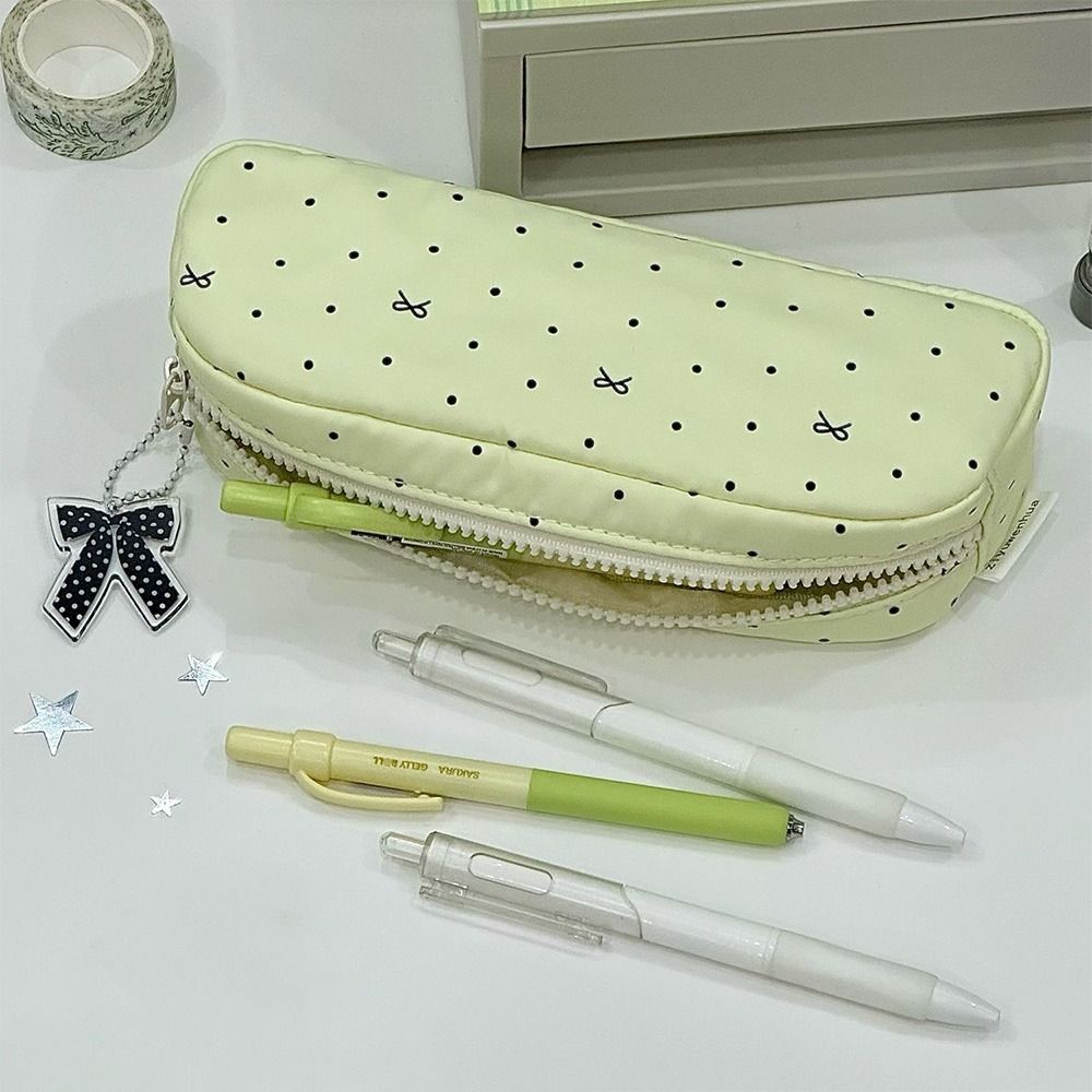 Velkokapacitní taška na pera s puntíky a mašlí, organizér na psací potřeby, INS penál pro studenty