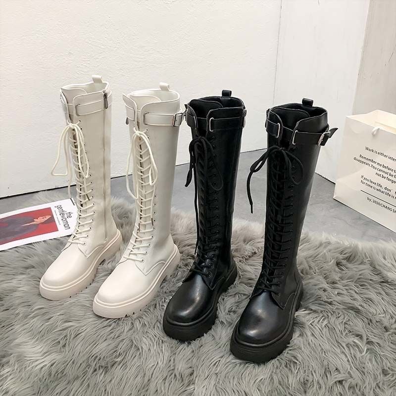 Fashion Women Knee High Boots 2024 Thicken Winter Square Heel Lace Up Platform Shoes Woman Knight Long Boots Black White Botas De Mujer