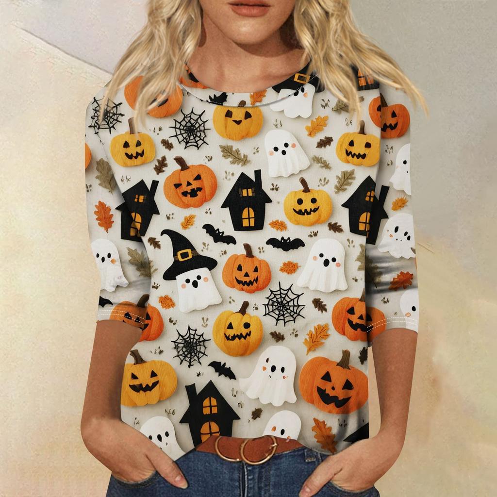 Women's Fashion Casual Three-quarter Sleeve Halloween Printed Round Neck Top
