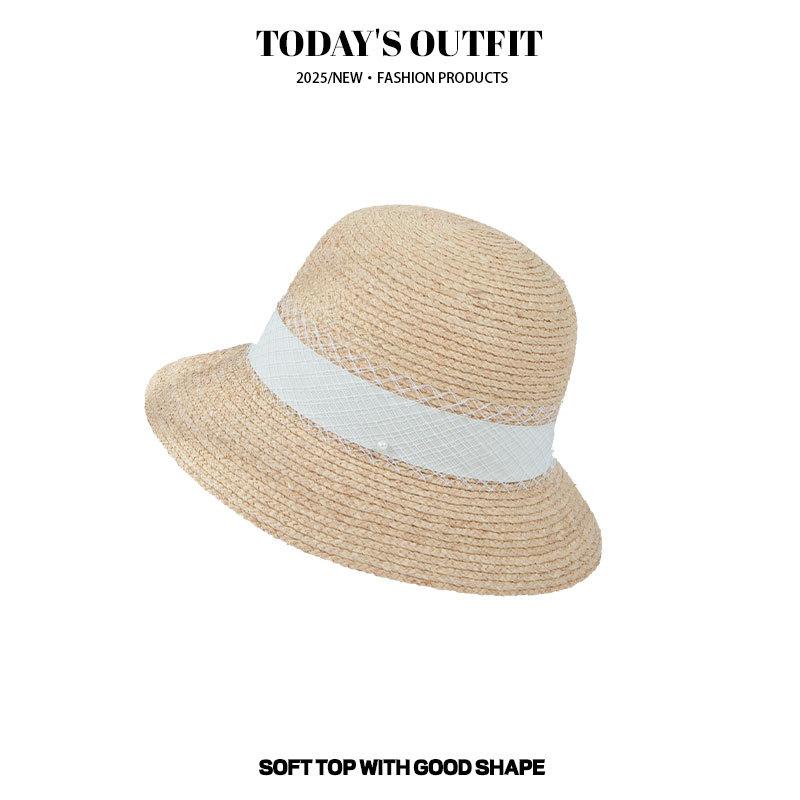 New Summer Rafia Fisherman Hat Pearl Mesh Webbing Beach Vacation Sun Protection Sunbath Hat