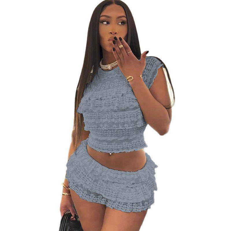 Sladká Spice Girl Dřevěné Ucho Boční Výřez Ramínkový Top Ženy Léto Krajka Krajka Pom Pom Šortky 2 Díly