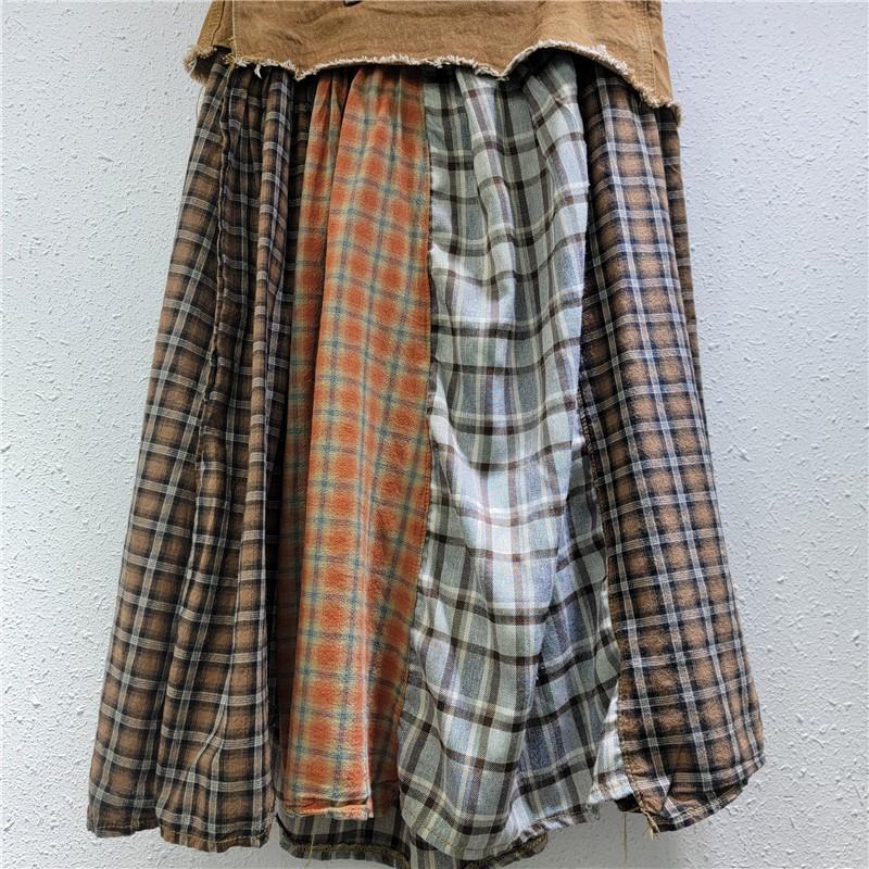 Womens Patchwork Plaid Denim Midi Skirt High Waist A-Line Slim Fit Street Style